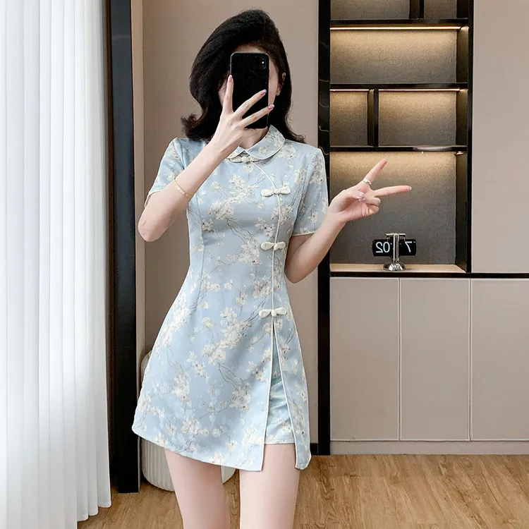 现货实拍夏改良旗袍娃娃领日常少女提花连衣裙短裤两件套