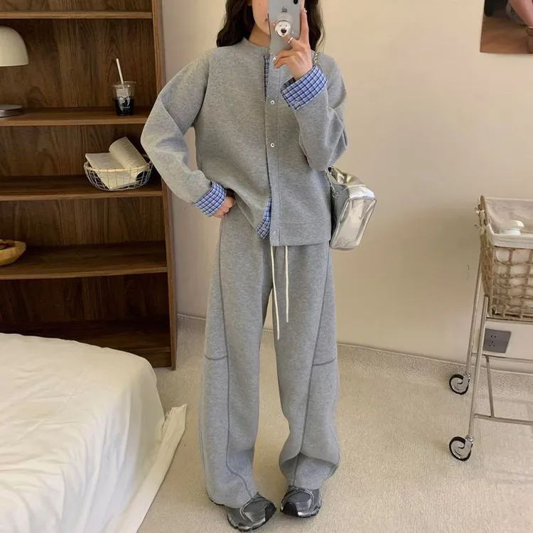 时尚撞色棉套装小清新款春秋显瘦小个子运动洋气休闲宽松炸街灰色