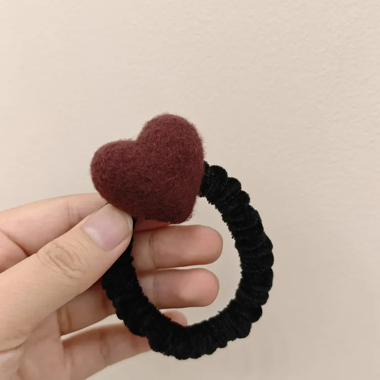 韩系秋冬复古酱紫色毛呢爱心褶皱小肠发圈女高弹力发绳不勒头发