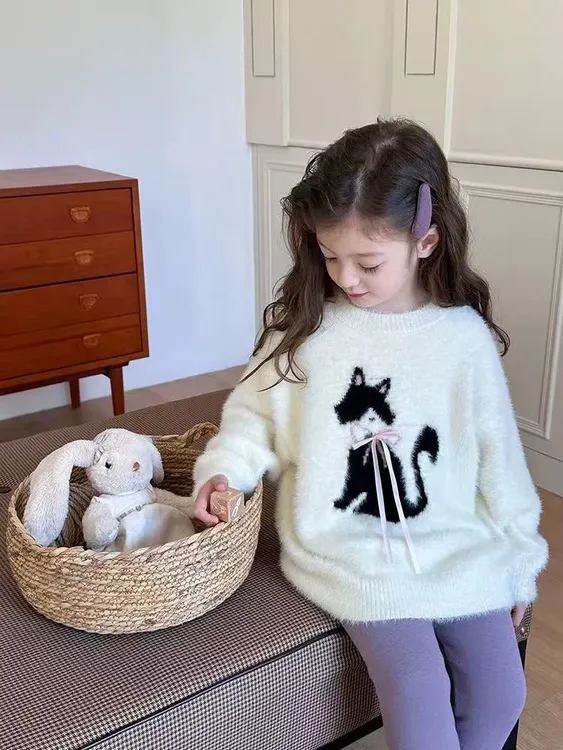 女童毛衣2025秋冬新款卡通动漫韩版蝴蝶结纯色毛衣针织套头