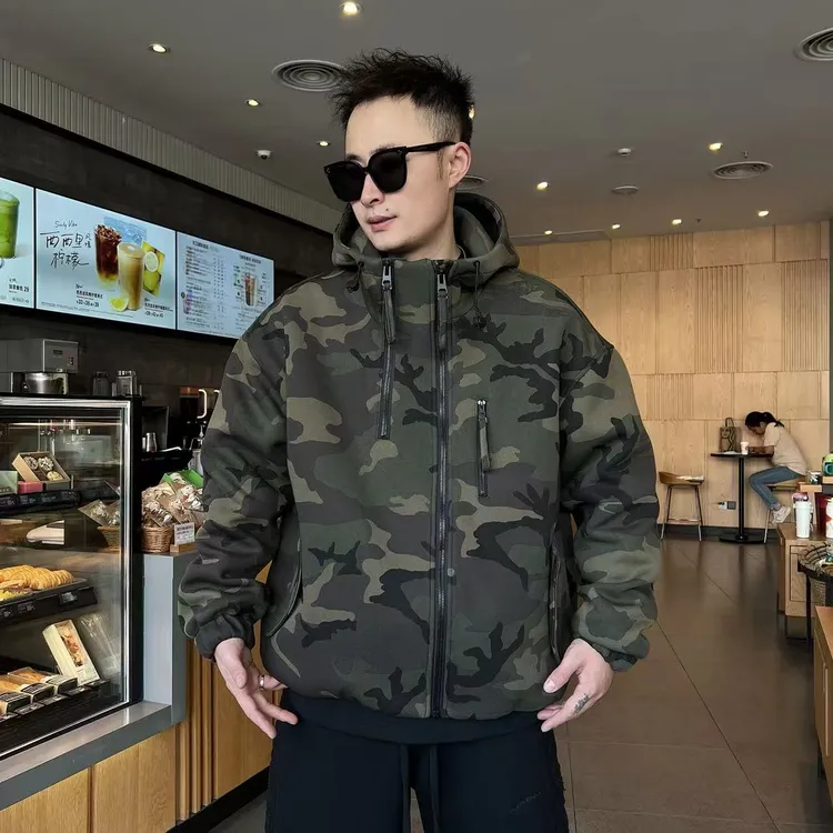 DB 男装冬季新款连帽潮牌迷彩拉链户外棉服情侣款洋气重工外套-66