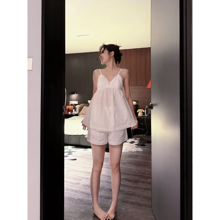 doubleoo夏睡衣高腰纯棉性感纯欲风吊带短裤短裙法式带胸垫家居服