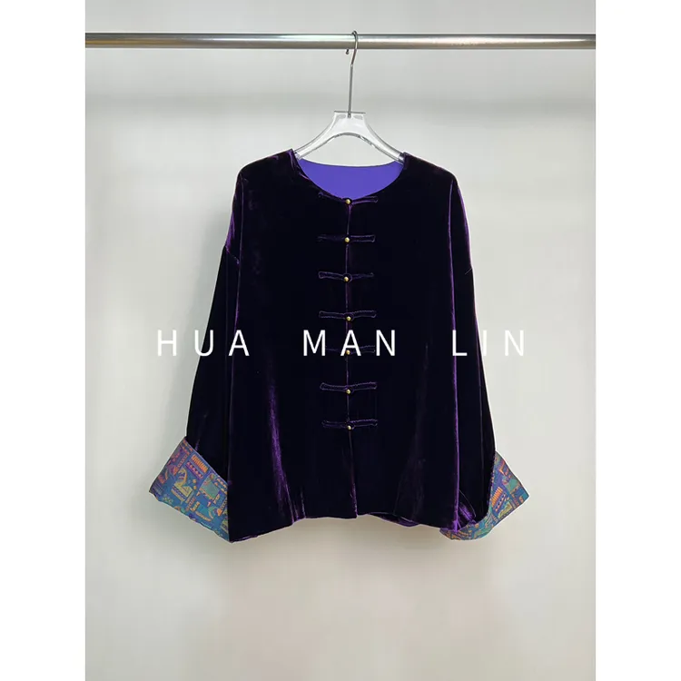 【花满林】圆领正门襟盘扣袖子拼接真丝桑蚕丝丝绒上衣259875