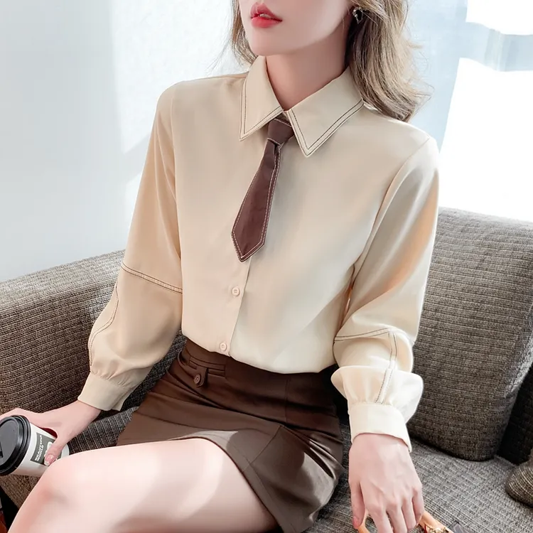 气质甜美长袖女士衬衫设计感小众2025春秋装新款韩版领结百搭上衣