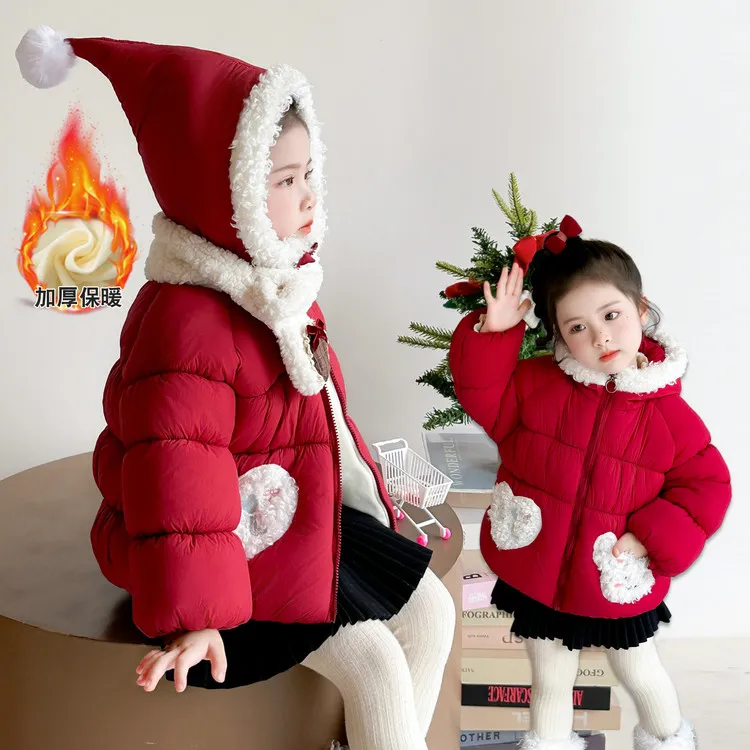 女童棉服外套冬装新款洋气红色儿童加棉加厚棉衣宝宝喜庆新年棉服