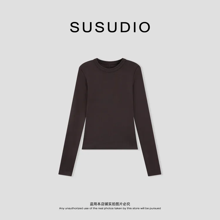 SUSUDIO 慵懒洋气柔感透气圆领长袖显瘦纯色百搭T恤 A1062