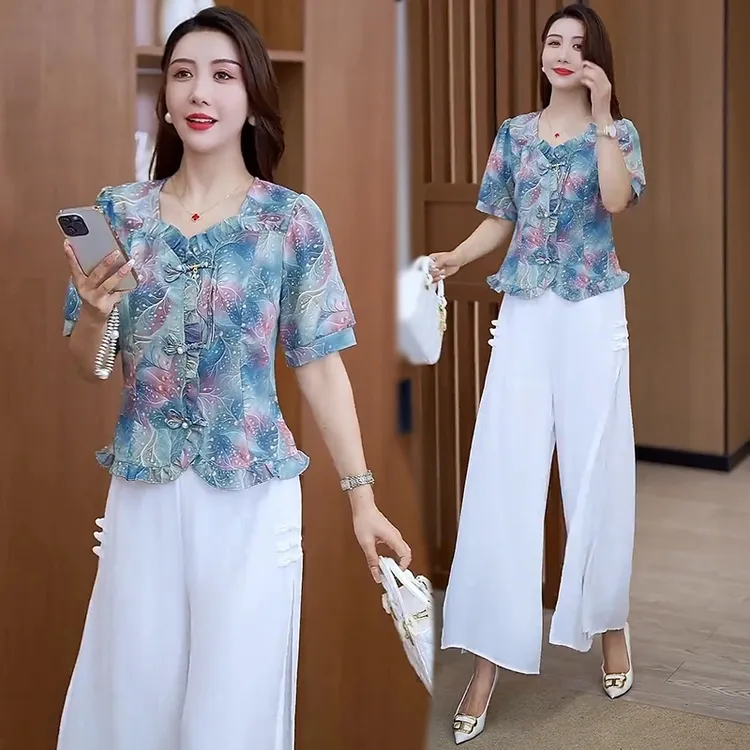 时尚套装女2025夏季新款洋气显瘦新中式国风短袖衬衫阔腿裤两件套
