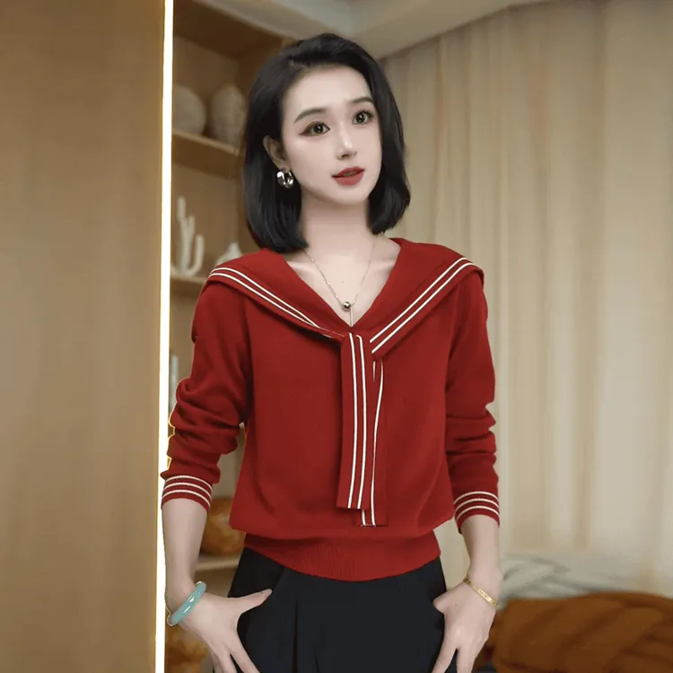 时尚学院风针织衫女2025秋季新款设计感海军领短款显瘦休闲上衣潮