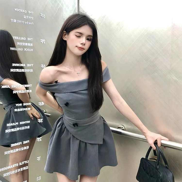 法式纯欲设计感蝴蝶结连衣裙套装一字肩不规则上衣收腰半身裙夏季