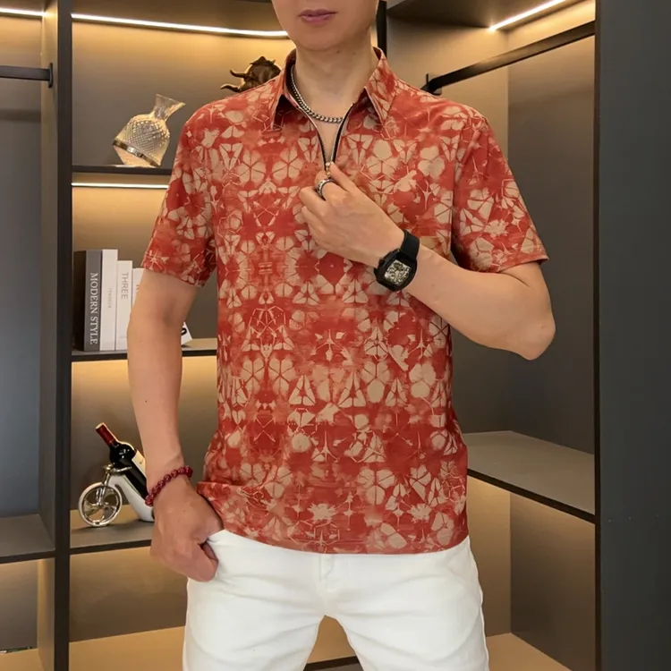 2025夏季男士半拉链polo衫高弹冰丝短袖时尚修身印花轻奢商务上衣