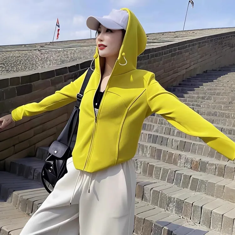 高弹外套长袖卫衣女春秋洋气连帽拉链开衫户外上衣阔腿裤两件套装