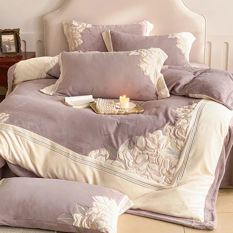 法式紫色冬季保暖牛奶绒四件套双面珊瑚绒刺绣加厚被套床