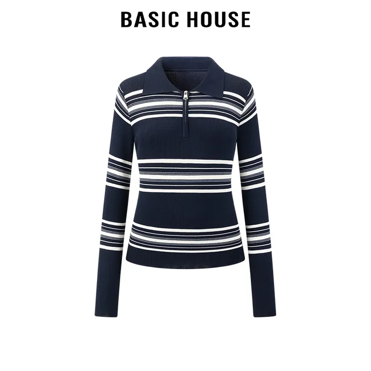 百家好/Basic House翻领拉链半门襟撞色条纹针织衫女修身显瘦上衣