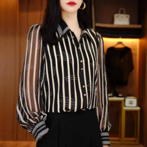 2025夏季新款精美轻奢减龄衬衫上衣雪纺衫打底衫黑色洋气高端W464