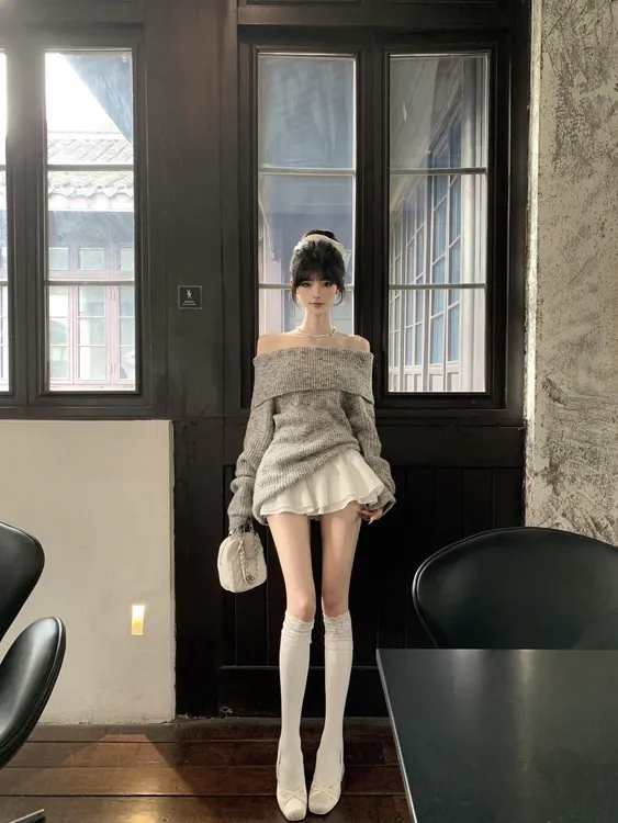 月光华尔兹 慵懒风复古辣妹一字领毛衣针织上衣法式纯欲风A字短裙