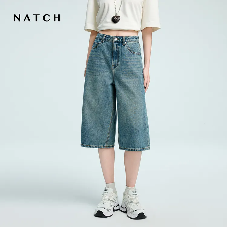 NATCH/南枳阔腿七分牛仔裤女2025新款夏季高腰松弛慵懒风休闲短裤