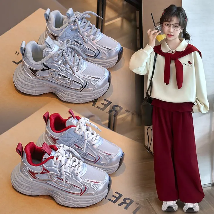 儿童运动鞋女童透气皮面跑步鞋子2025秋冬新款男童韩系休闲老爹鞋