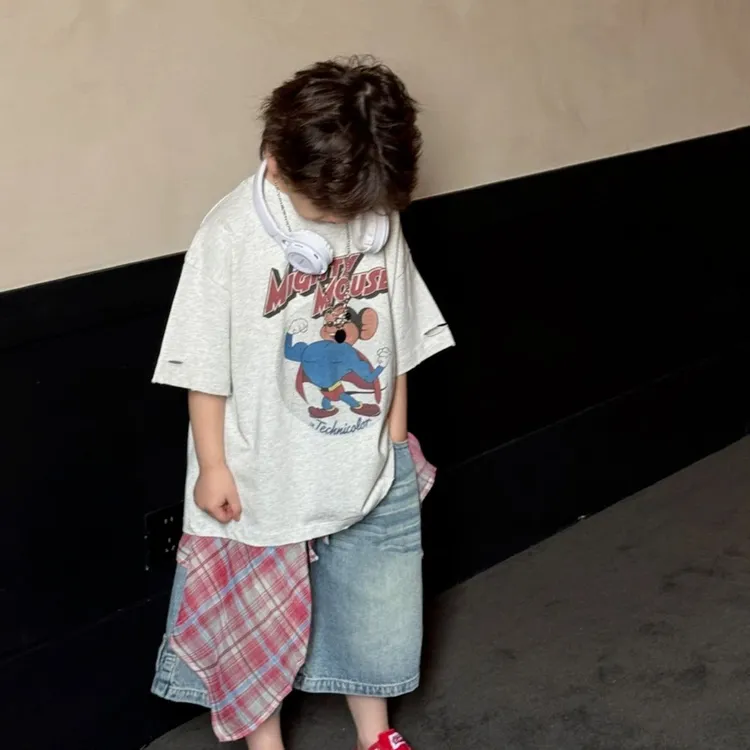 2025夏新款韩卡通灰色短袖超柔海岛牛仔短裤简单男童儿童潮牌服装