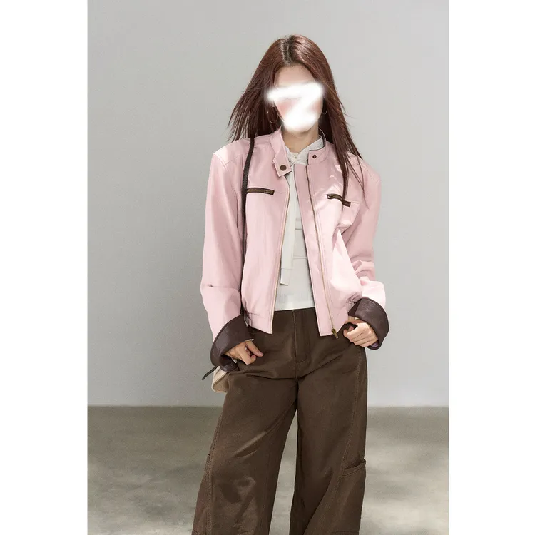 粉色皮衣外套女2025年秋季新款酷飒独特超好看休闲夹克