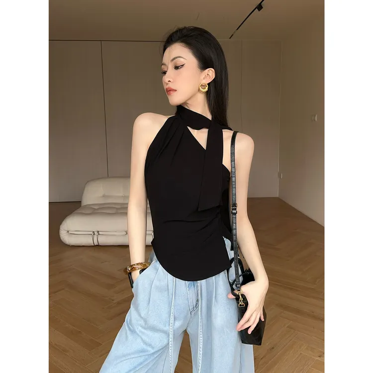 JIJINQI显瘦通勤设计感上衣夏季挂脖飘带斜领百搭背心JD02SZXL534
