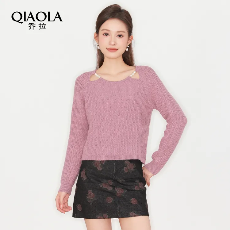 QIAOLA/乔拉【花影悦动】秋季坑条圆领设计牛仔碎花百搭时尚套装