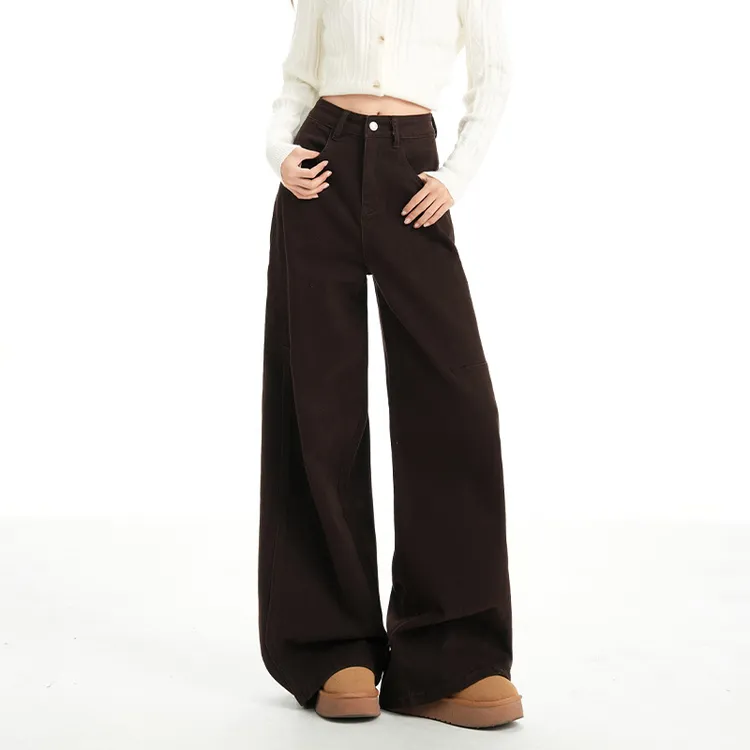 乔栈秋冬季慵懒氛围感小个子直筒牛仔裤女爆款咖啡色解构设计阔腿