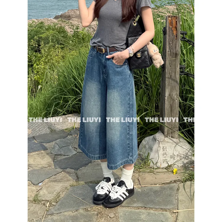【LIUYI】七分牛~新款高腰七分牛仔阔腿裤56282