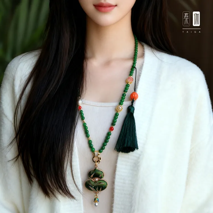 合金仿水晶项链 翠玑宋锦葫芦绿圆珠吊坠项链国风汉服旗袍配链