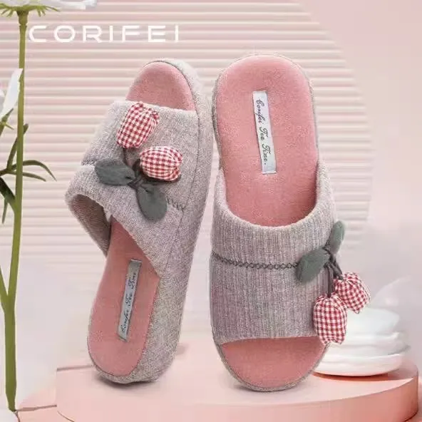女士樱桃装饰四季款露趾防滑厚底足弓棉拖室内家居家用拖鞋