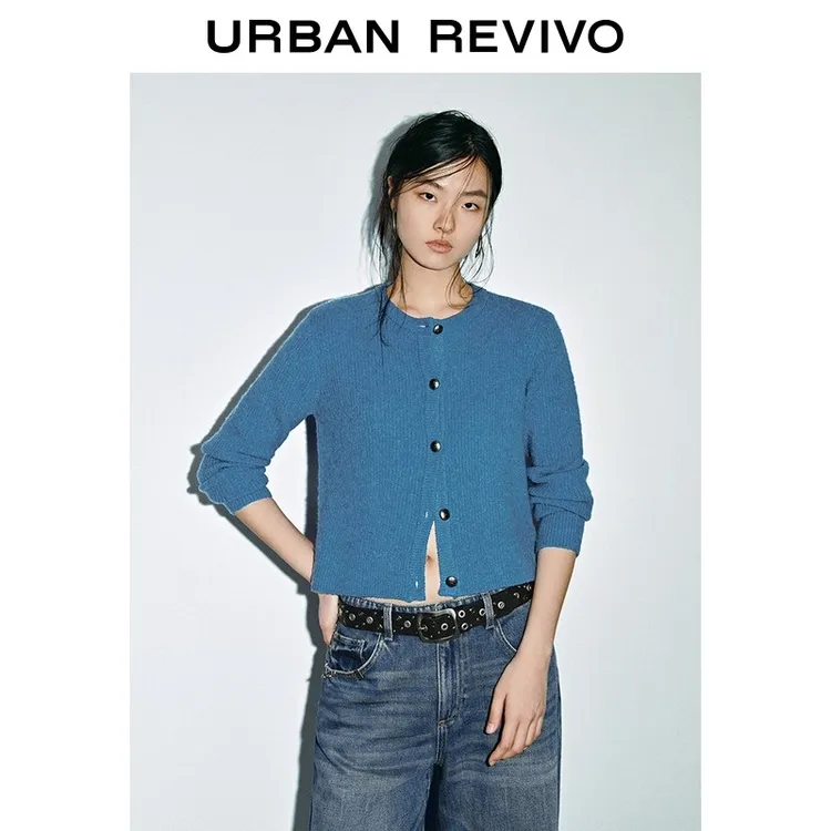 UR2025新款女装潮流金属纽扣圆领短款针织开衫UYV950069