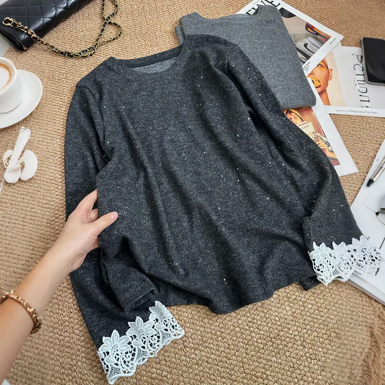 【磨毛撒银蕾丝袖】2025新款韩版时尚蕾丝压花圆领内搭打底衫