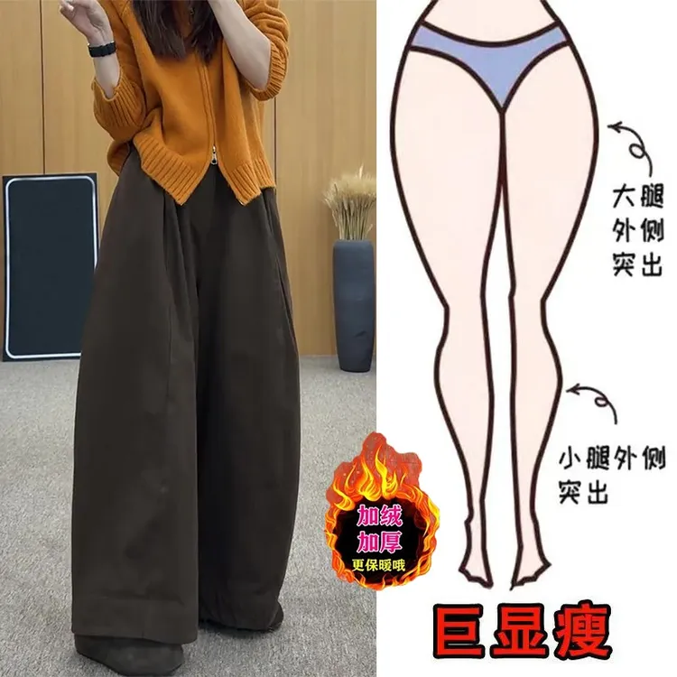 冬季新款加绒大码女装宽松复古阔腿休闲裤梨形身材显瘦高腰长