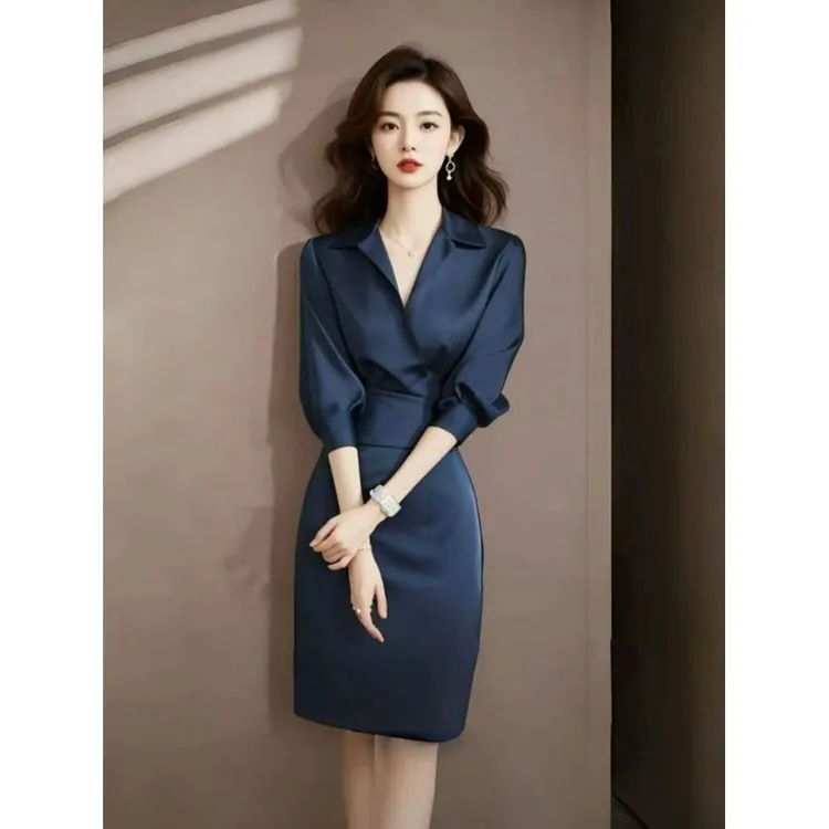 早春季上流社会高端精致女神范气质高冷御姐风蓝色显瘦缎面连衣裙