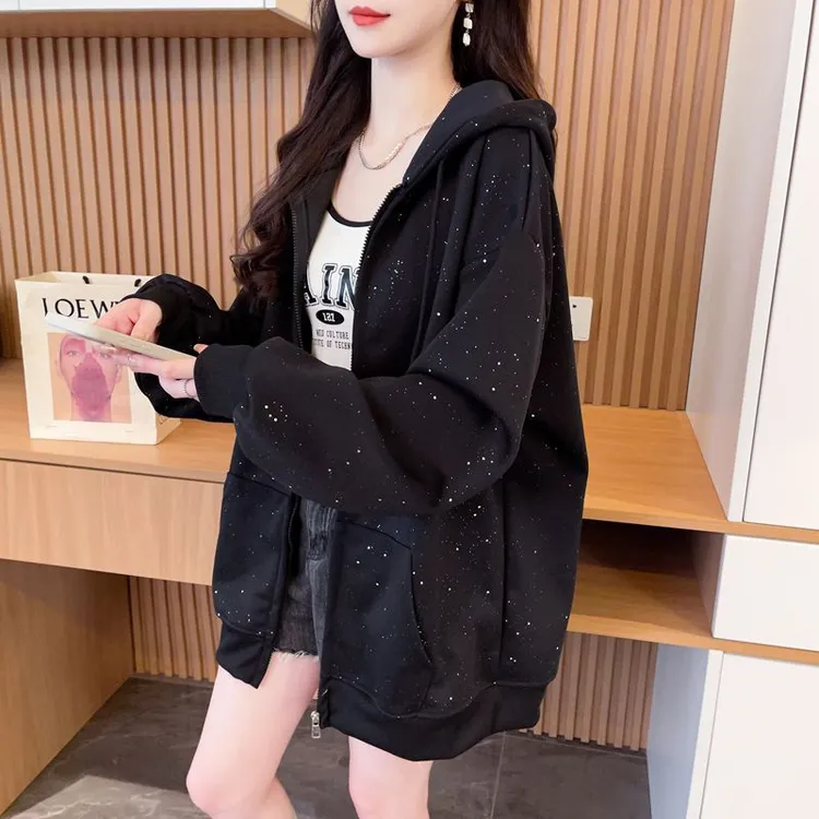 亮闪闪开衫连帽卫衣外套女秋冬加绒加厚设计感小众高级感春秋上衣