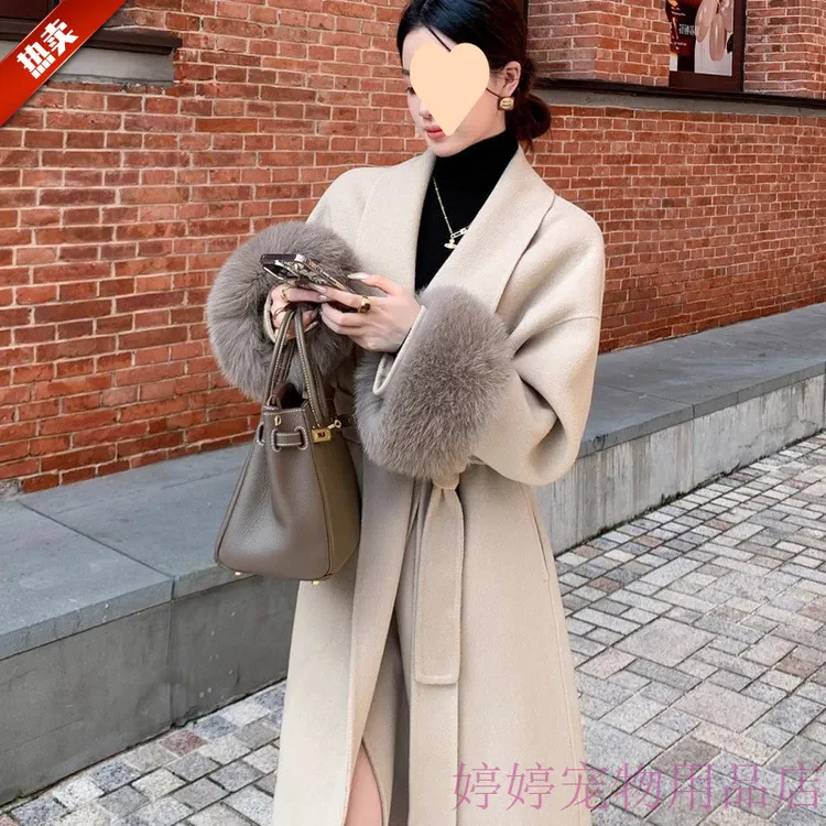 袖子毛毛袖羊毛呢子大衣2024秋冬新品长款双面毛呢外套气质通勤