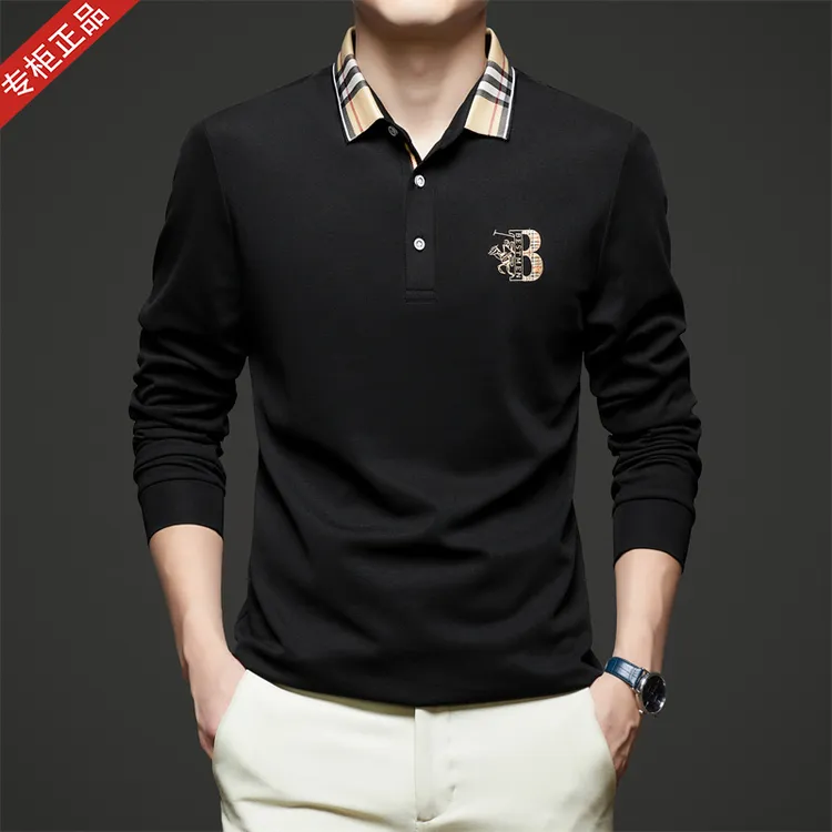 欧洲站英伦轻奢巴家男士长袖T恤POLO衫商务休闲罗纹翻领纯棉上衣T