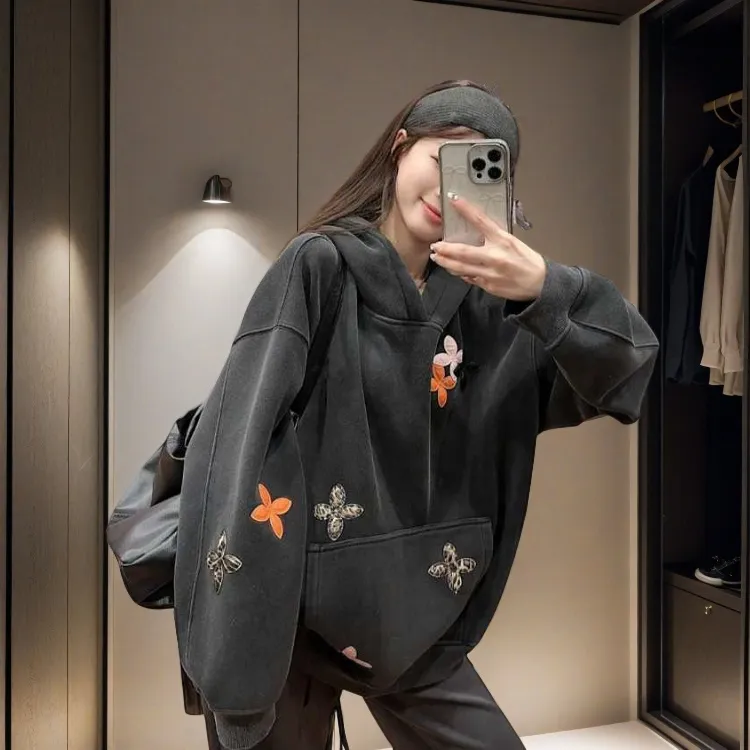 大码胖妹妹港风复古秋冬贴皮刺绣加绒卫衣宽松连帽oversize外套女