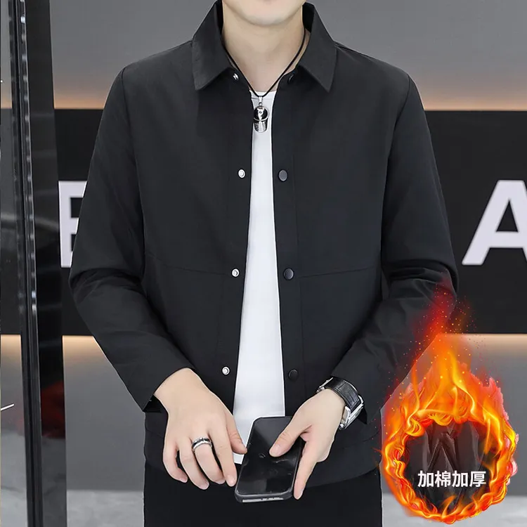 2025秋冬新款男士二棉夹克韩版潮流翻领上衣简约纯色百搭薄棉外套