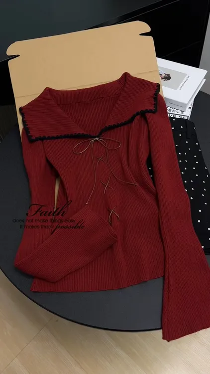 2026春秋新款法式蝴蝶结系带针织衫冬季新款绝美翻领修身显瘦毛衣