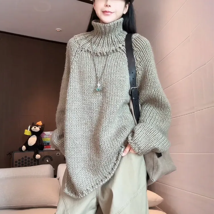 秋冬新款女慵懒风软糯高领毛衣洋气减龄宽松显瘦中长款针织衫上衣