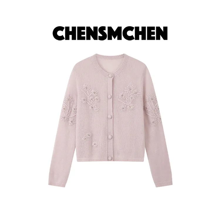 CHENSMCHEN 手工钉珠编织羊绒针织衫女休闲百搭显瘦开衫CSZ7029WY