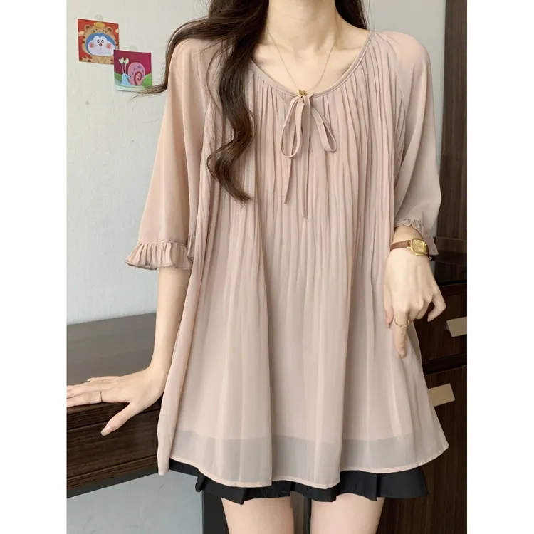 大码女装胖mm2025夏季新款气质独特短袖显瘦雪纺衫宽松遮肚女