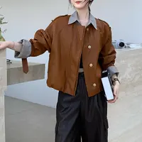 美式复古PU皮衣外套条纹拼接翻领皮夹克女5335-58B20