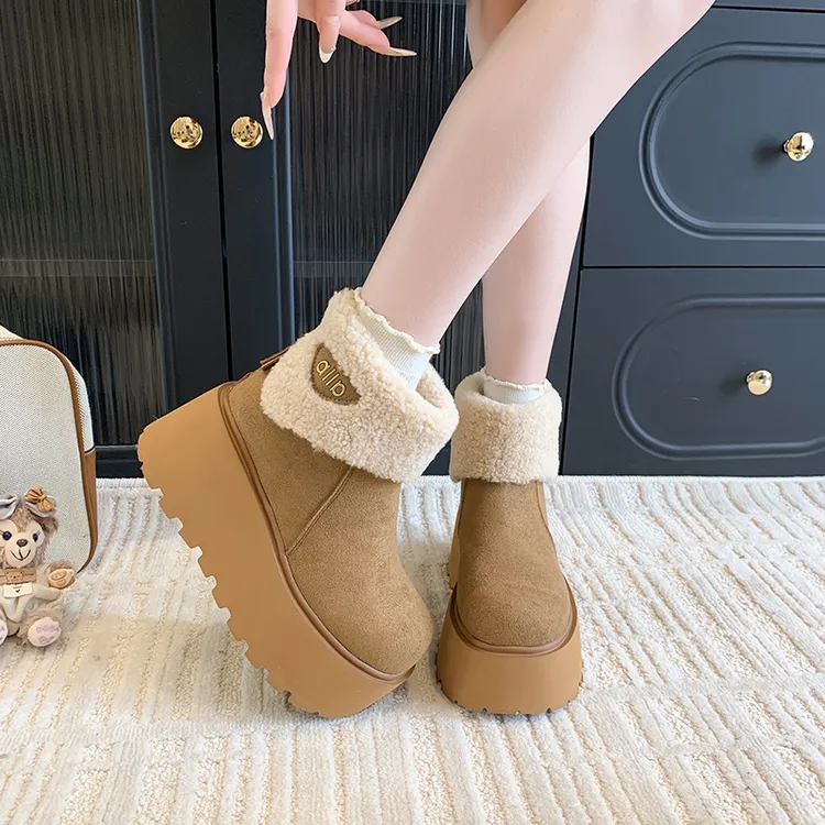 8CM厚底增高雪地靴女2025新款冬季加绒勃肯短靴保暖羊羔毛毛棉鞋