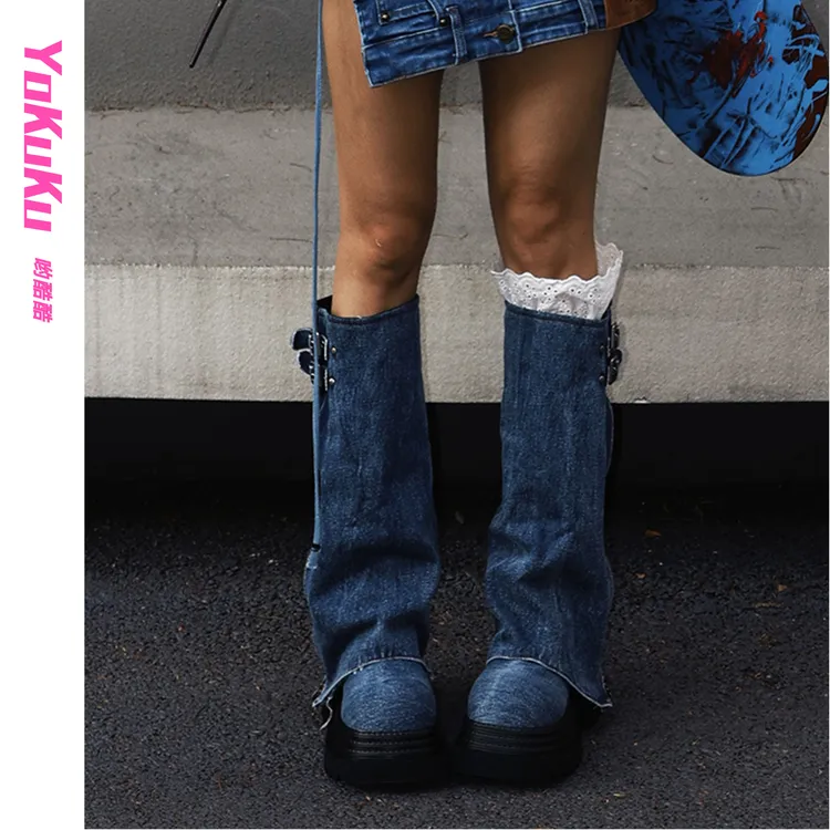 哟酷酷（蓝色冰岛）复古潮酷高街牛仔布厚底松糕骑士高筒堆堆裤管靴