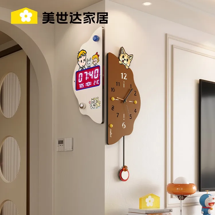 美世达客厅转角时钟万年历电子挂钟2025新款双面创意拐角挂墙钟表