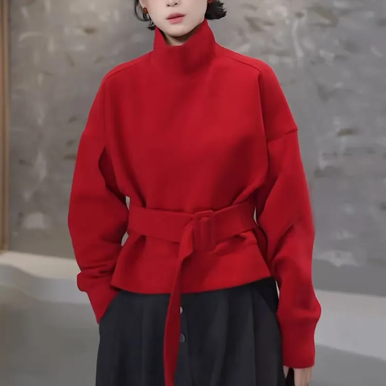 2025秋冬新款红色高领加绒卫衣女士时尚减龄宽松显瘦收腰系带上衣