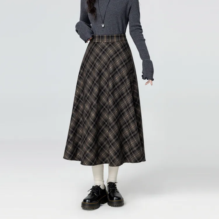 复古格子高腰半身裙女秋冬2025秋季新款设计感格纹A字中长款裙子