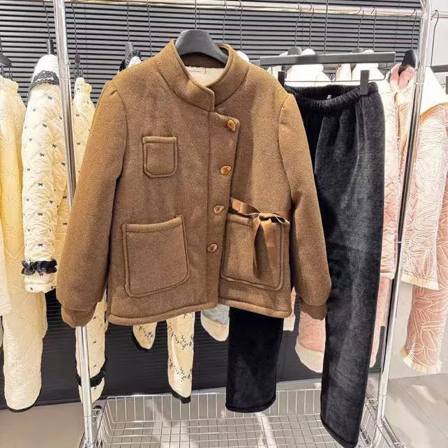 三层夹棉睡衣女士冬季新款加绒加厚纯色家居服口袋系带可外穿套装