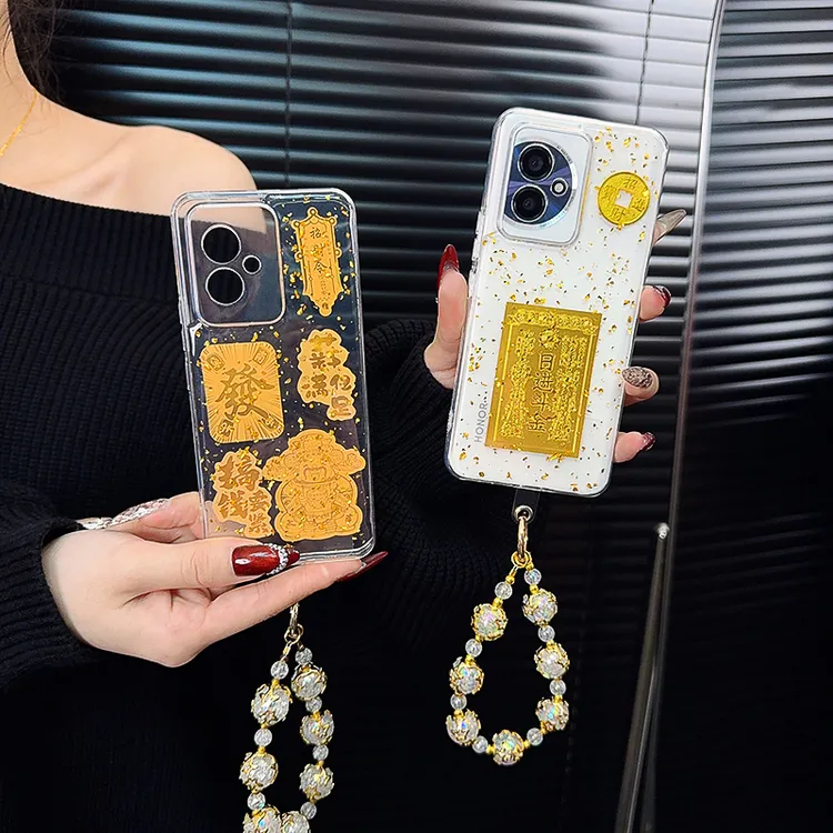 适用荣耀100手机壳新款100pro套honor简约金箔小众滴胶财神爷女款